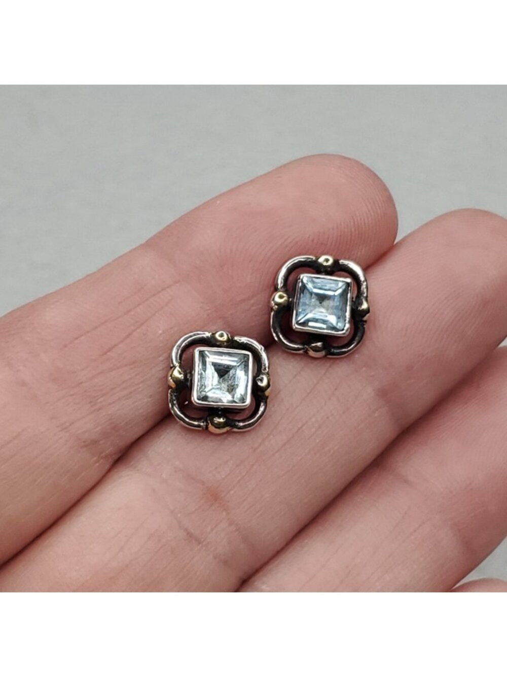 Sterling Silver Earrings Light Blue Rhinestone Gold Tone Knobs Dainty 3/8"